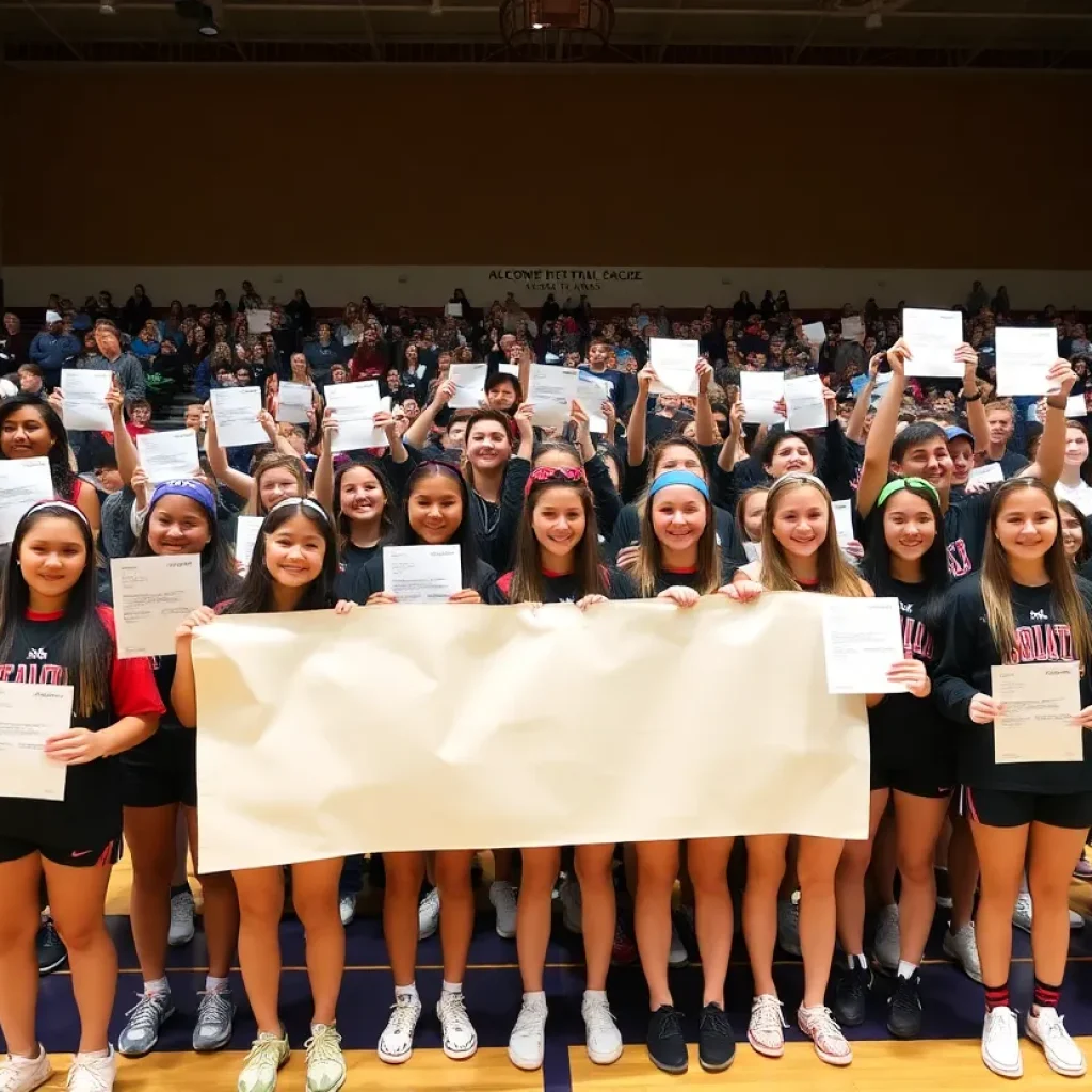 Students celebrating college signings at Bolles High School.