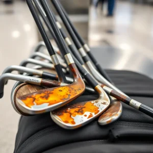 Damaged golf clubs in burnt condition at baggage claim