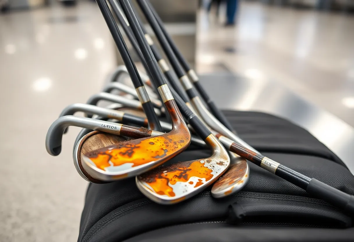 Damaged golf clubs in burnt condition at baggage claim