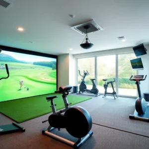 A spacious and modern home gym featuring a golf simulator and fitness equipment