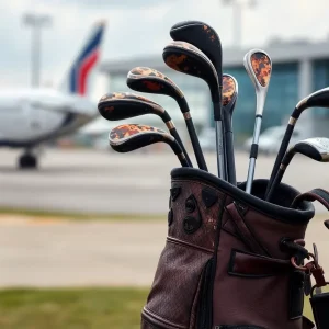 Burned golf clubs and bag at the airport