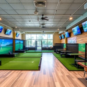 A bustling indoor golf venue in Jacksonville, showcasing pickleball courts and craft beer.