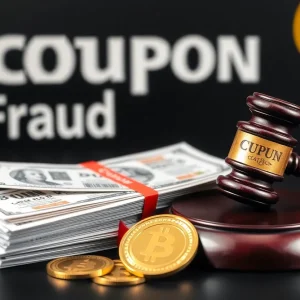 Conceptual illustration of coupon fraud with symbols of justice.