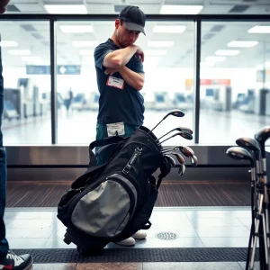 Fire-damaged golf clubs at baggage claim