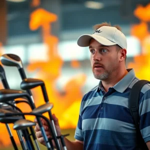 Charred golf clubs and damaged bag at baggage claim.