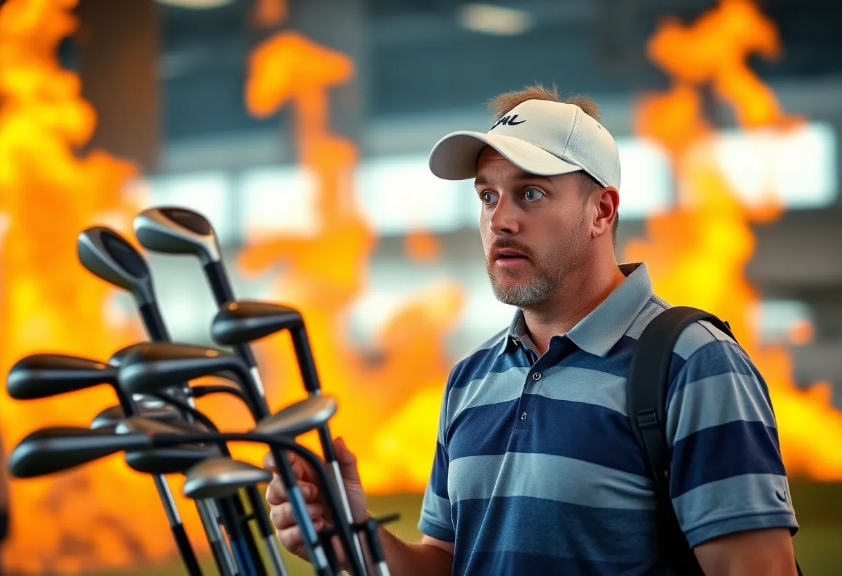 Charred golf clubs and damaged bag at baggage claim.