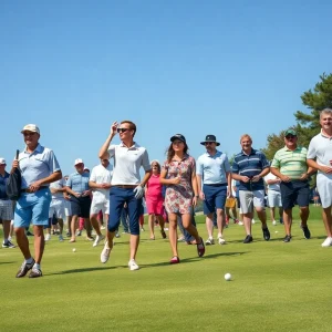 A diverse group of golfers enjoying a sunny day on the golf course.