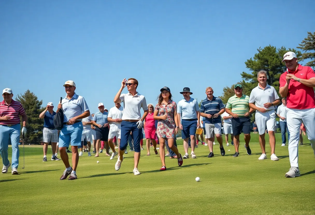 A diverse group of golfers enjoying a sunny day on the golf course.