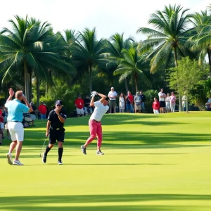 Golfers competing at the Dixie Amateur in South Florida with fans in the background