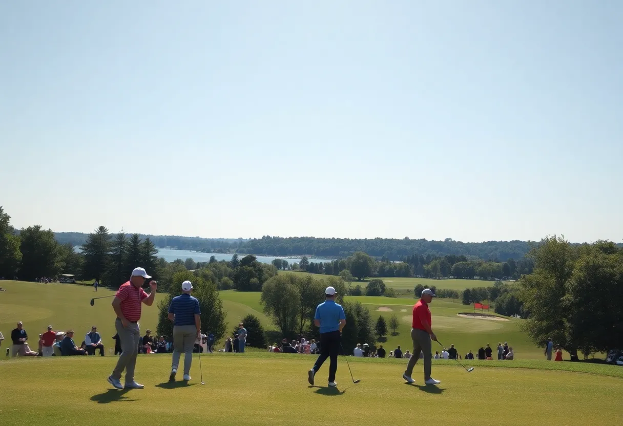 A scenic view of a golf tournament in progress with players demonstrating skills on the course.