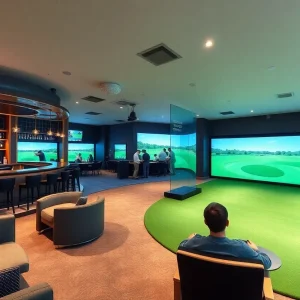 Interior of Five Iron Golf with simulators and dining area