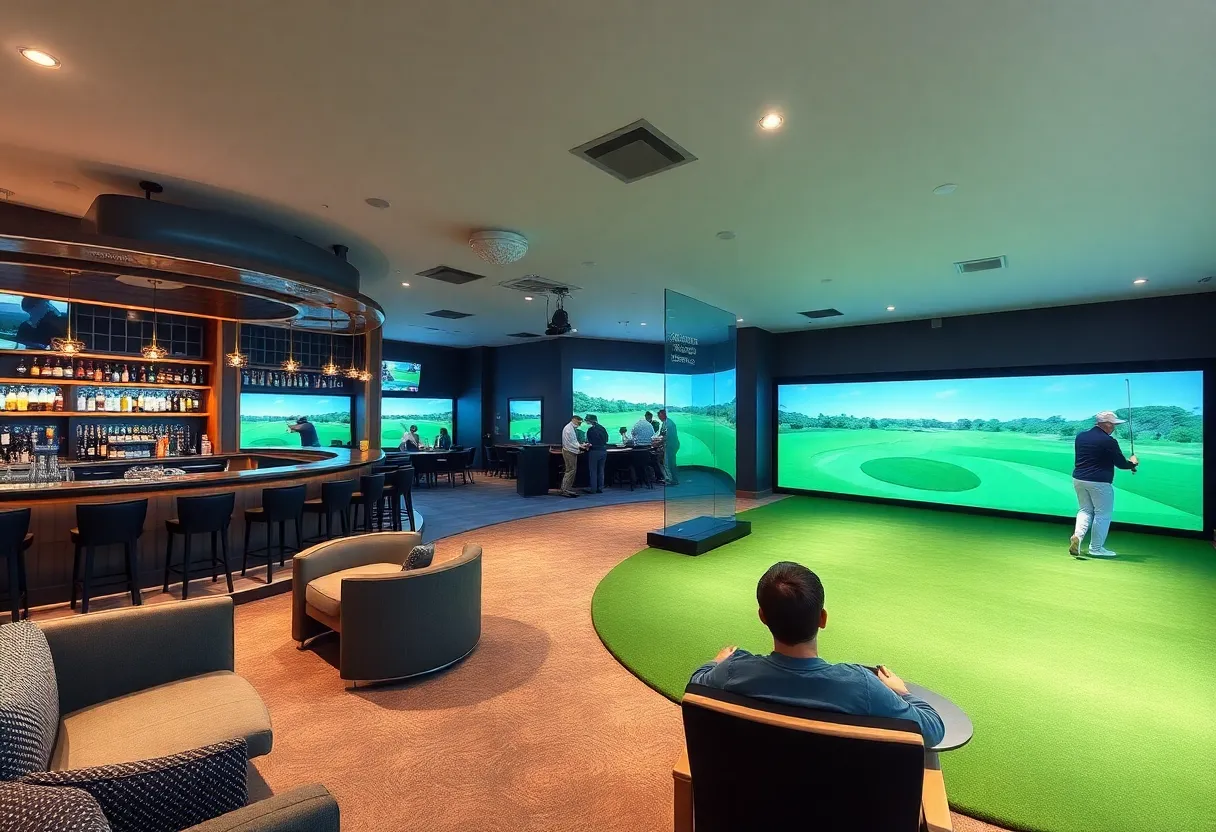 Interior of Five Iron Golf with simulators and dining area