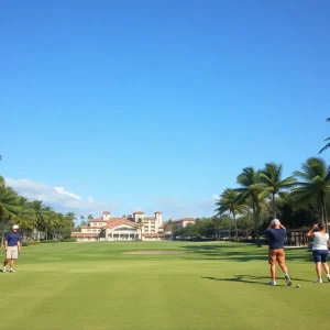 Scenic view of a Florida golf resort with lush greens and palm trees