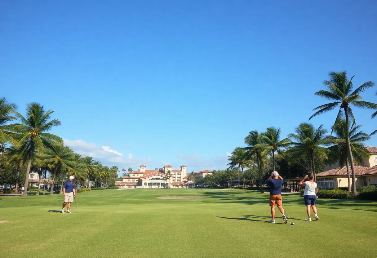 Scenic view of a Florida golf resort with lush greens and palm trees