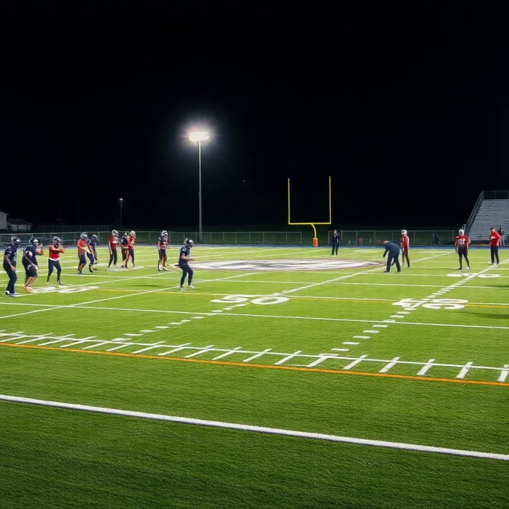 High school football team practicing on field at night.