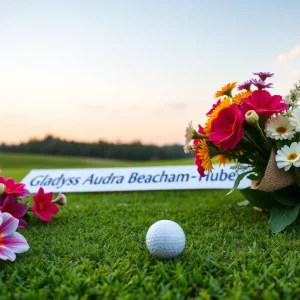 Memorial display for Gladys Audra Beacham-Huber at a Jacksonville golf course