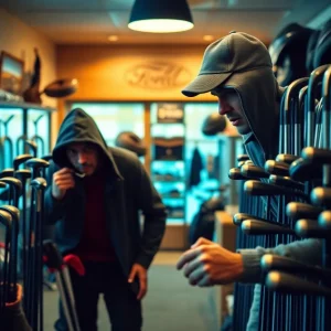 A depiction of a golf shop experiencing theft, with empty shelves and golf clubs being stolen.