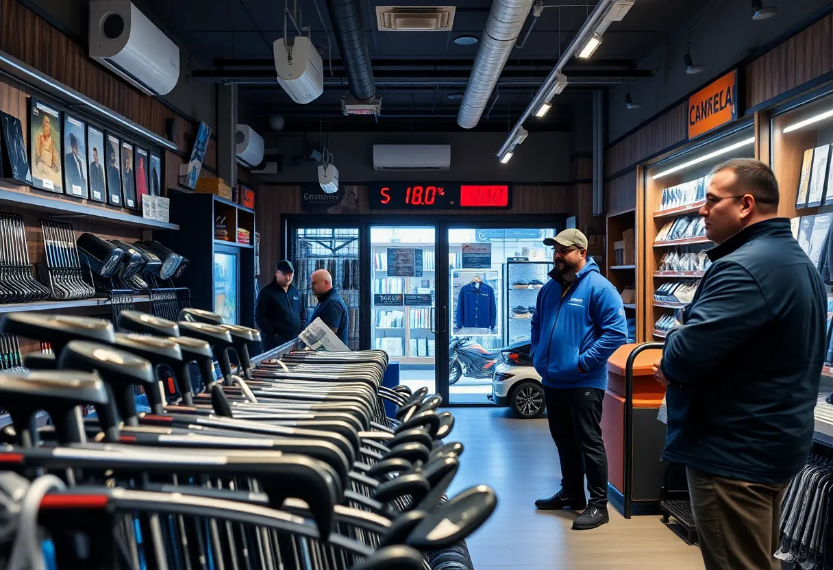 A theft occurring in a golf shop, depicting stolen golf clubs.