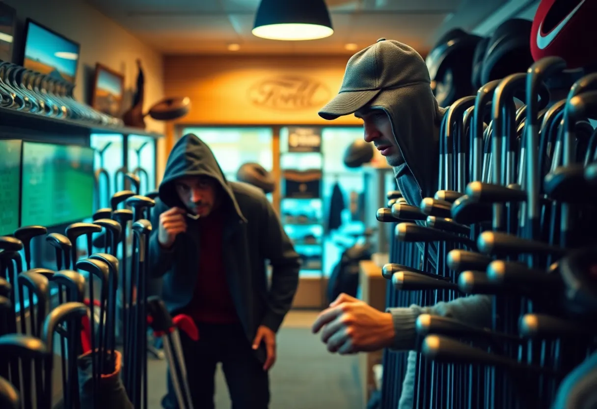 A depiction of a golf shop experiencing theft, with empty shelves and golf clubs being stolen.