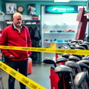 Empty golf shop shelves after theft incident