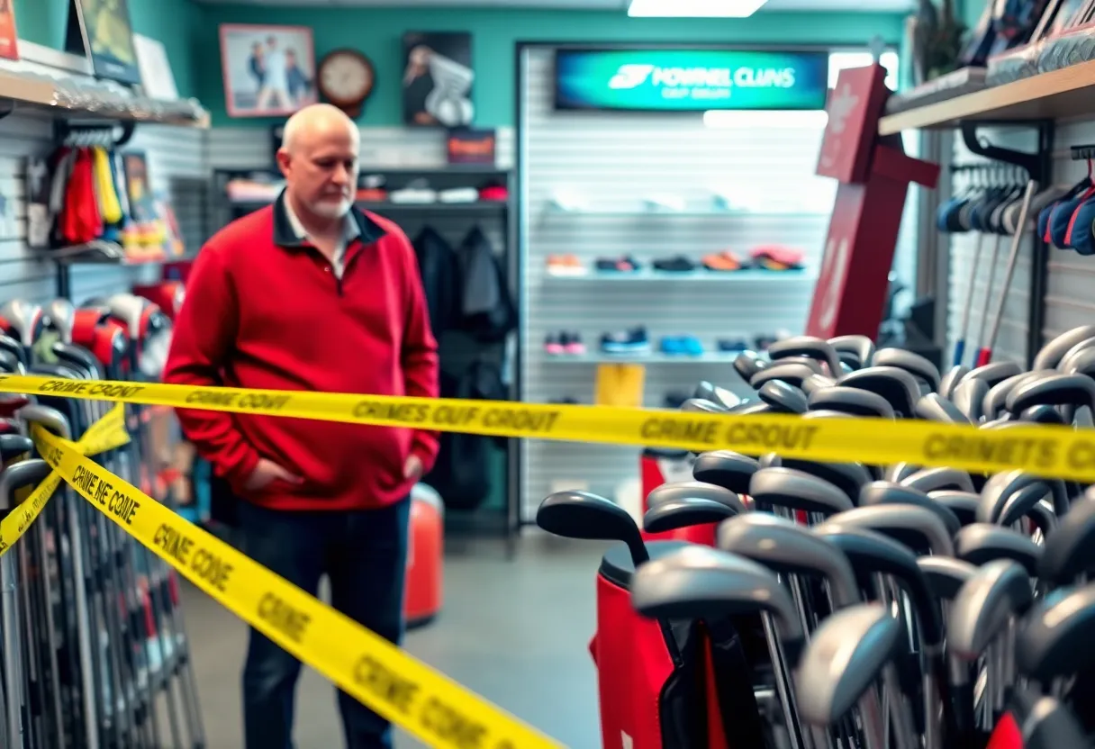 Empty golf shop shelves after theft incident