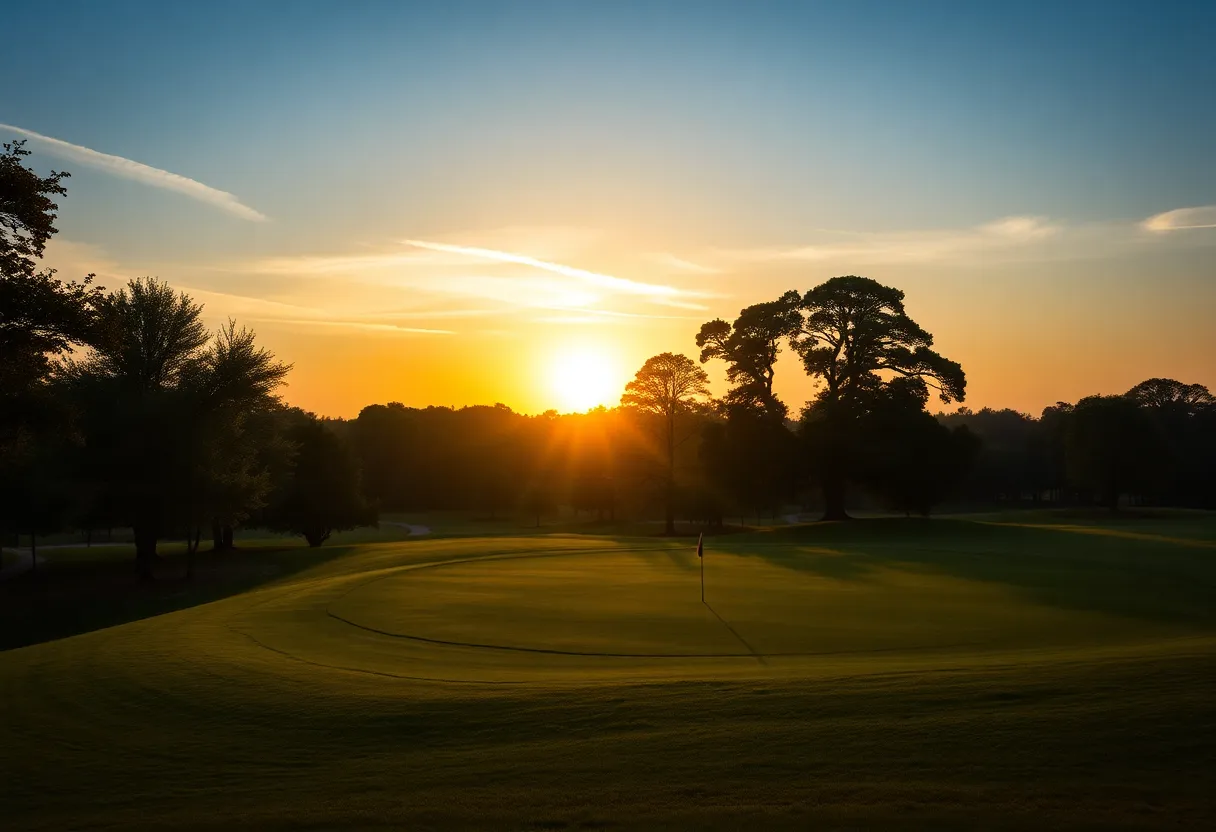 Golfers playing on a vibrant golf course, showcasing diversity and unity.