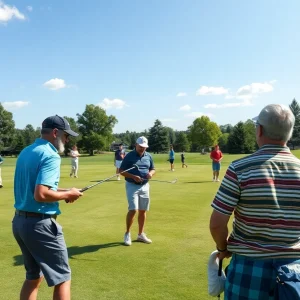 Players using modern golf course equipment on a lush green golf course.