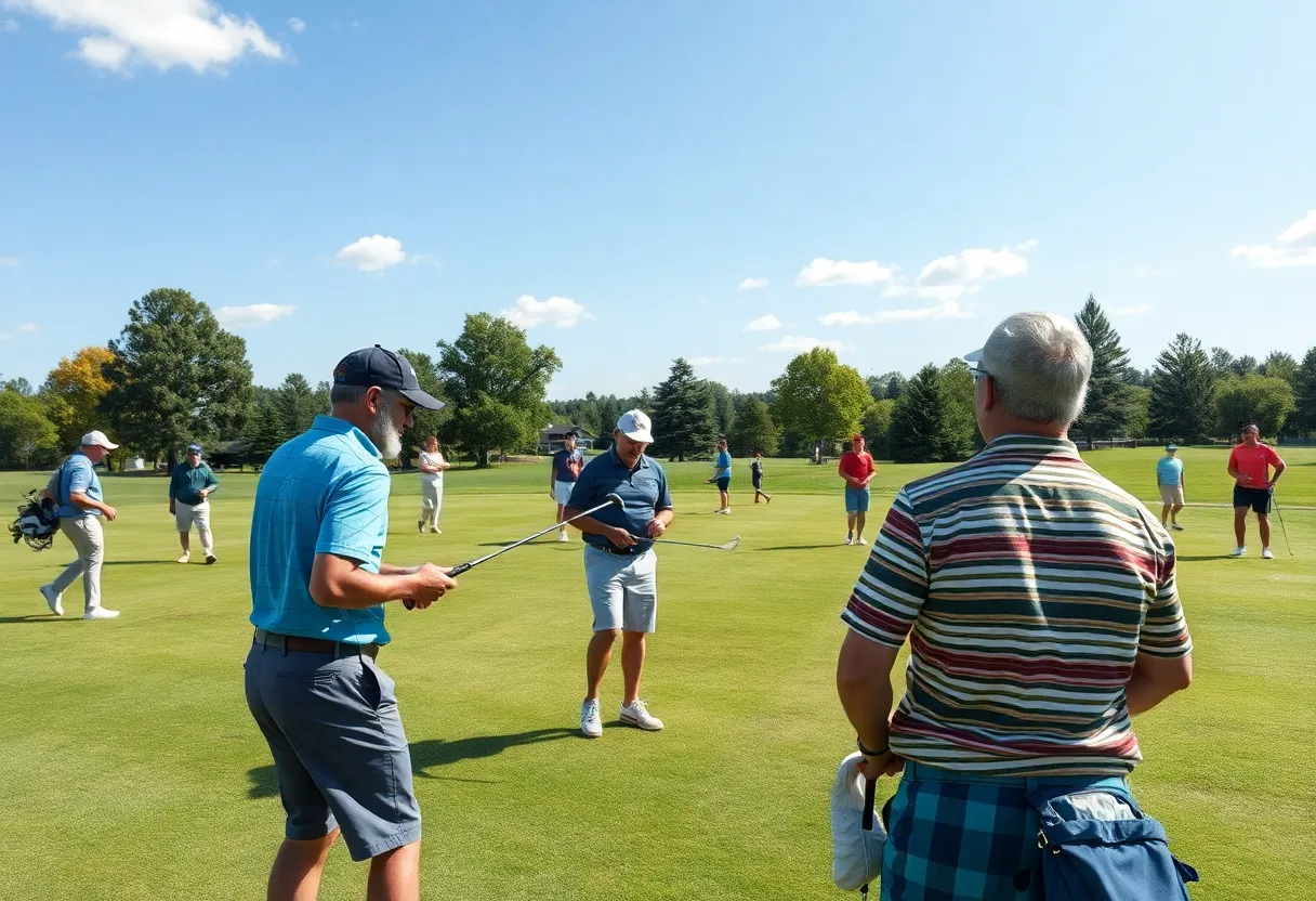 Players using modern golf course equipment on a lush green golf course.