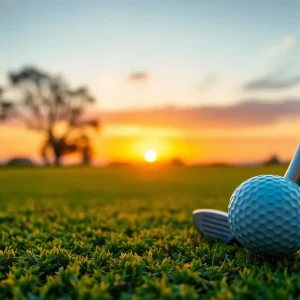 A peaceful golf course during sunrise