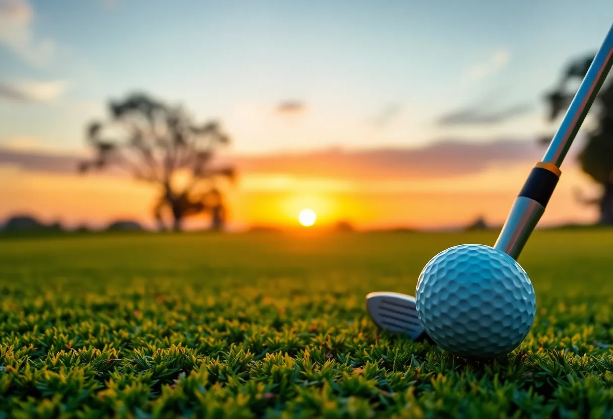 A peaceful golf course during sunrise