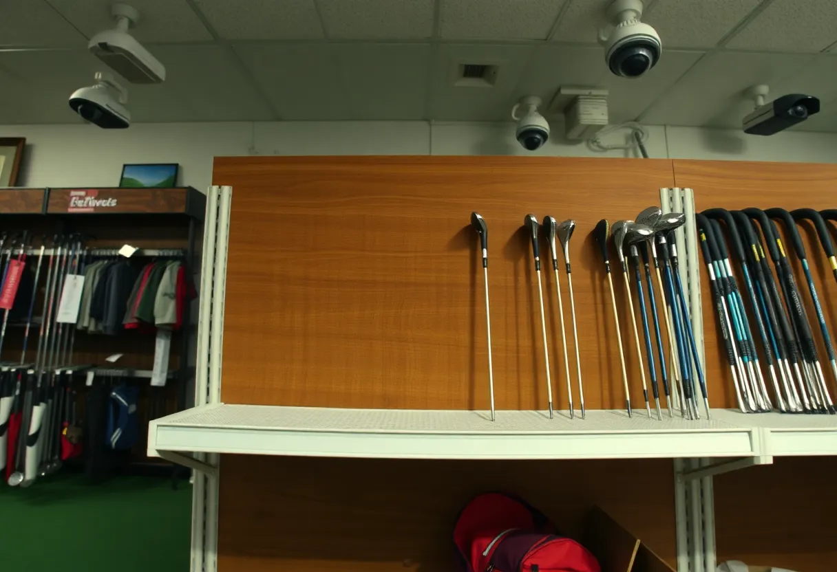 Scene of a golf store showing stolen golf clubs and shocked store owners