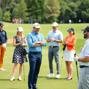 Golfers practicing etiquette on a green golf course