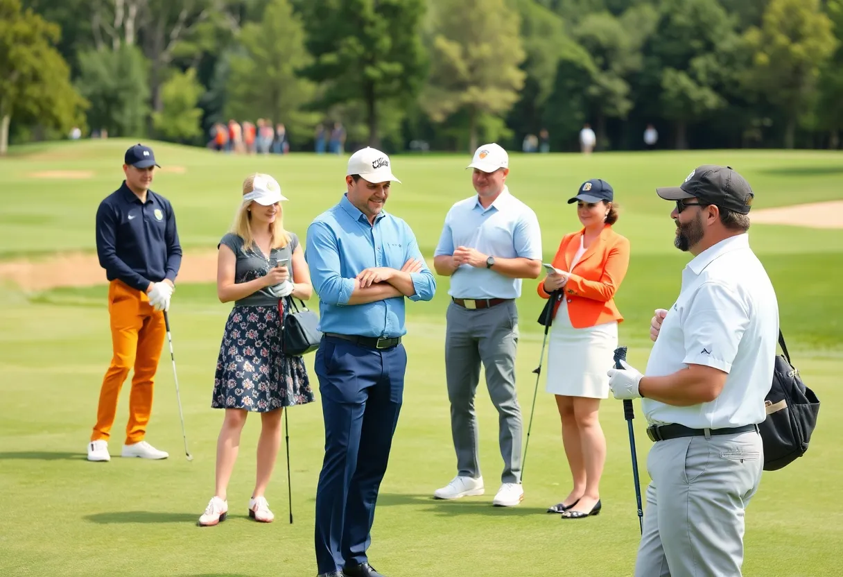 Golfers practicing etiquette on a green golf course