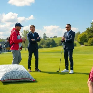 Golfers participating in a humorous photoshoot with unconventional props