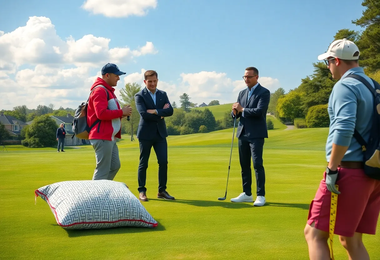 Golfers participating in a humorous photoshoot with unconventional props