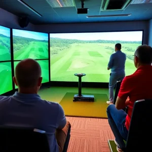 Golfers enjoying an indoor golf simulator.