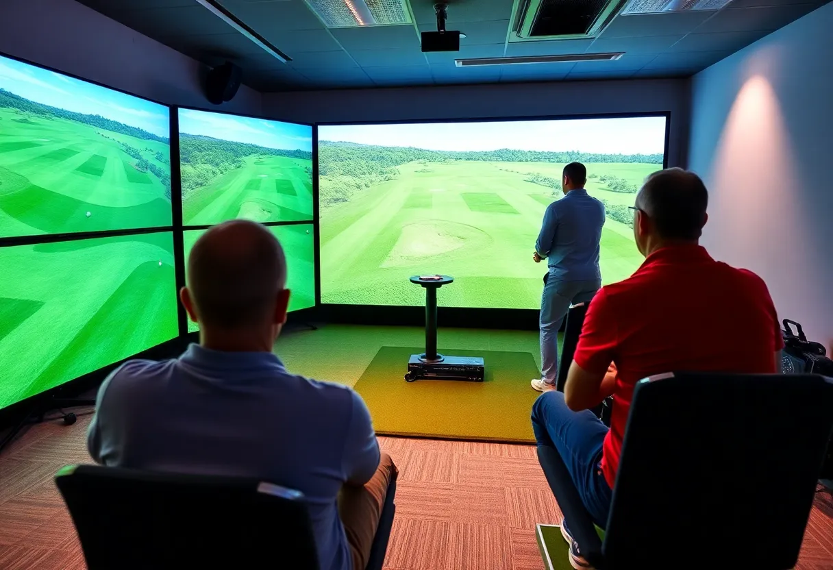 Golfers enjoying an indoor golf simulator.