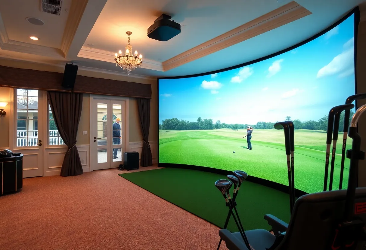 Luxurious golf simulator situated in a room of the Florida Governor's Mansion.