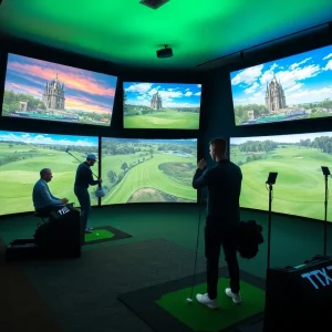 Group of friends playing golf on simulators in a cozy indoor environment.