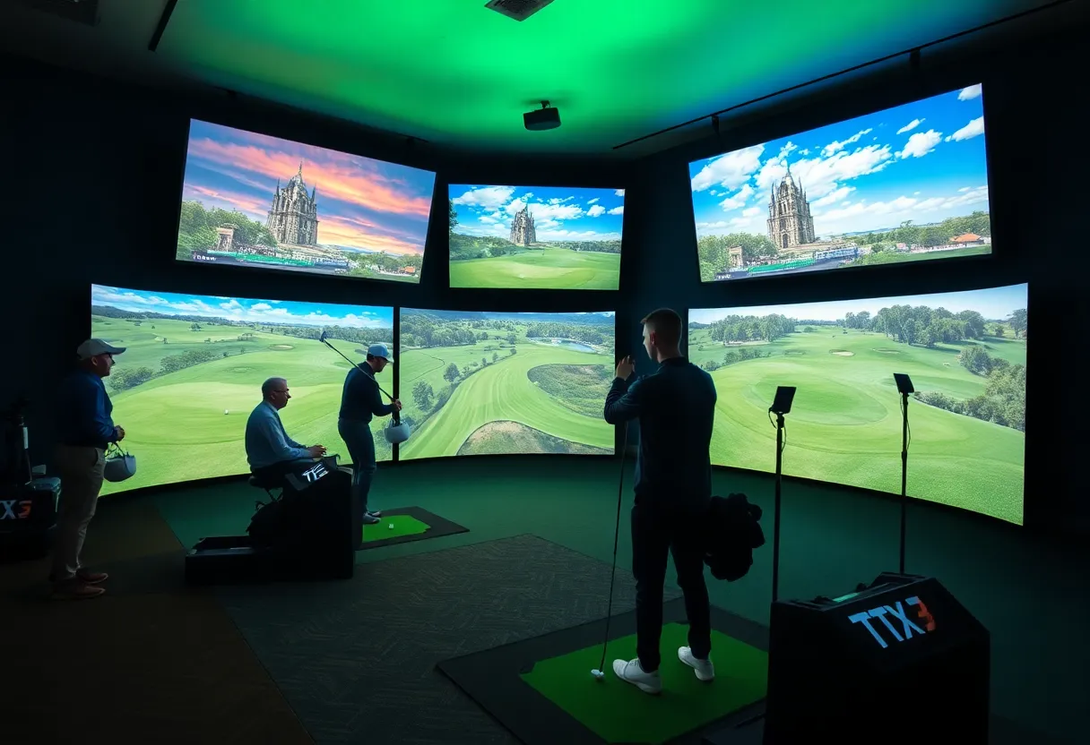 Group of friends playing golf on simulators in a cozy indoor environment.