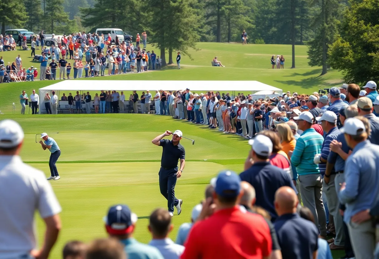 Players competing in a lively golf tournament on a sunny day.