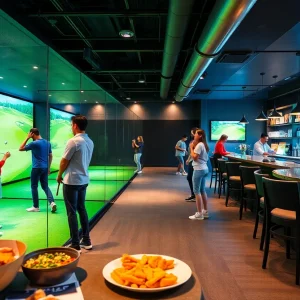 People playing indoor golf simulators at The Cave in Southwest Florida