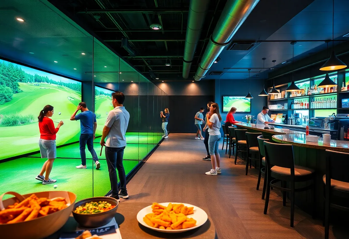 People playing indoor golf simulators at The Cave in Southwest Florida