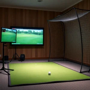 A home golf simulator setup displaying the Rapsodo MLM2PRO monitor and golf mat