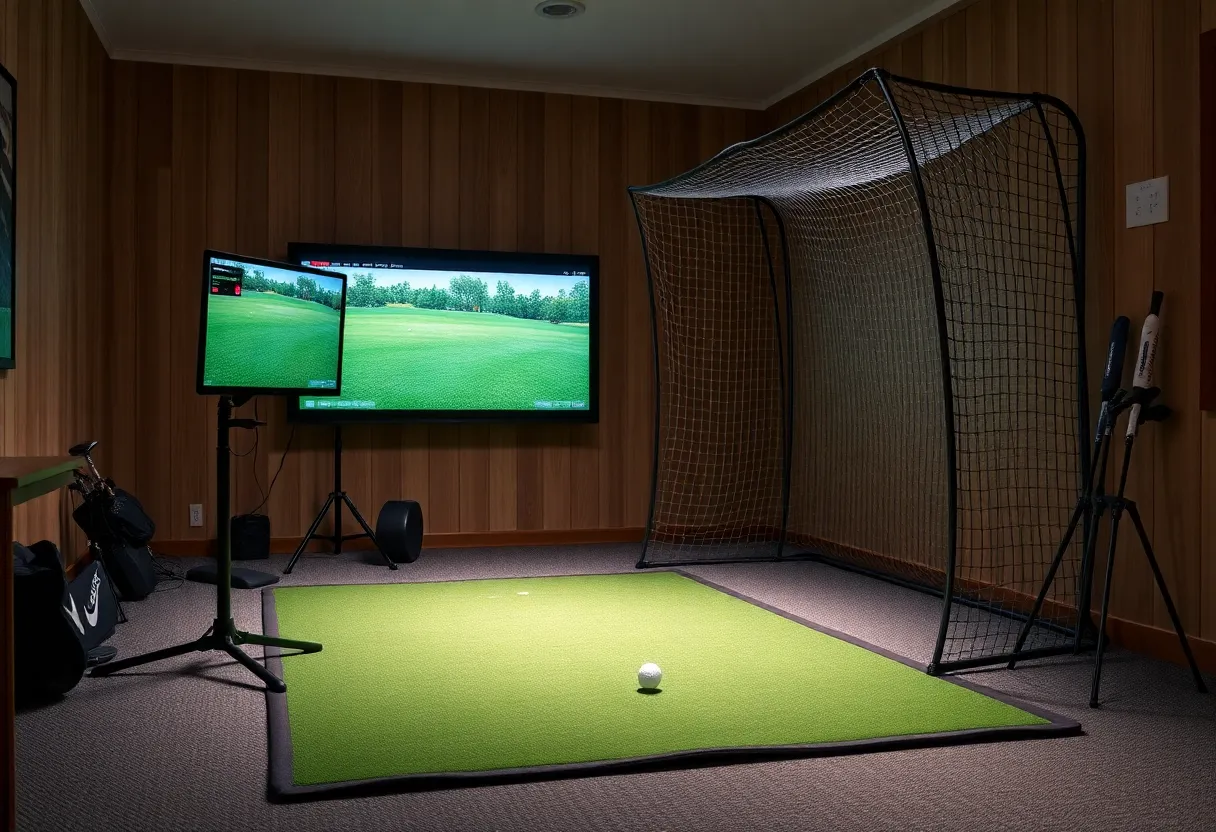 A home golf simulator setup displaying the Rapsodo MLM2PRO monitor and golf mat