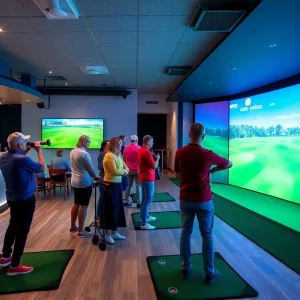 A group of friends enjoying indoor golf simulators at The Cave