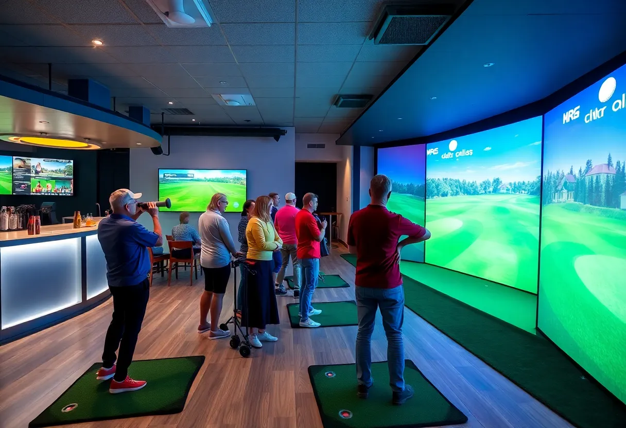 A group of friends enjoying indoor golf simulators at The Cave