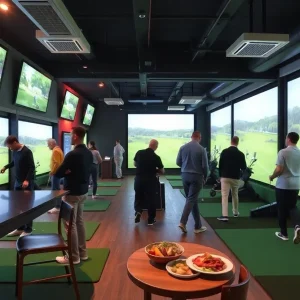 Interior view of an indoor golf facility with simulators and dining options