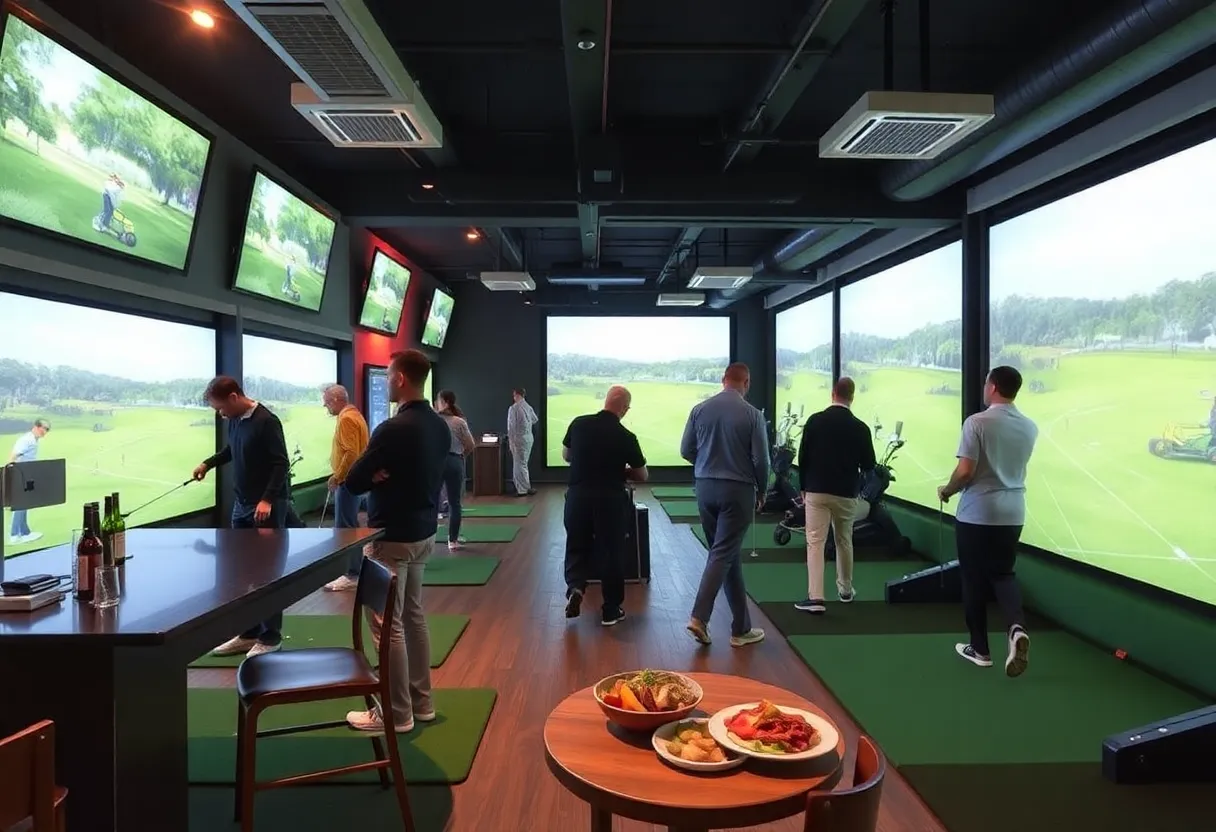 Interior view of an indoor golf facility with simulators and dining options