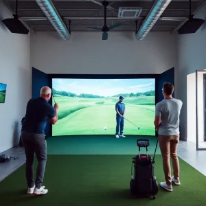 Players enjoying a golf simulator in a modern gym facility